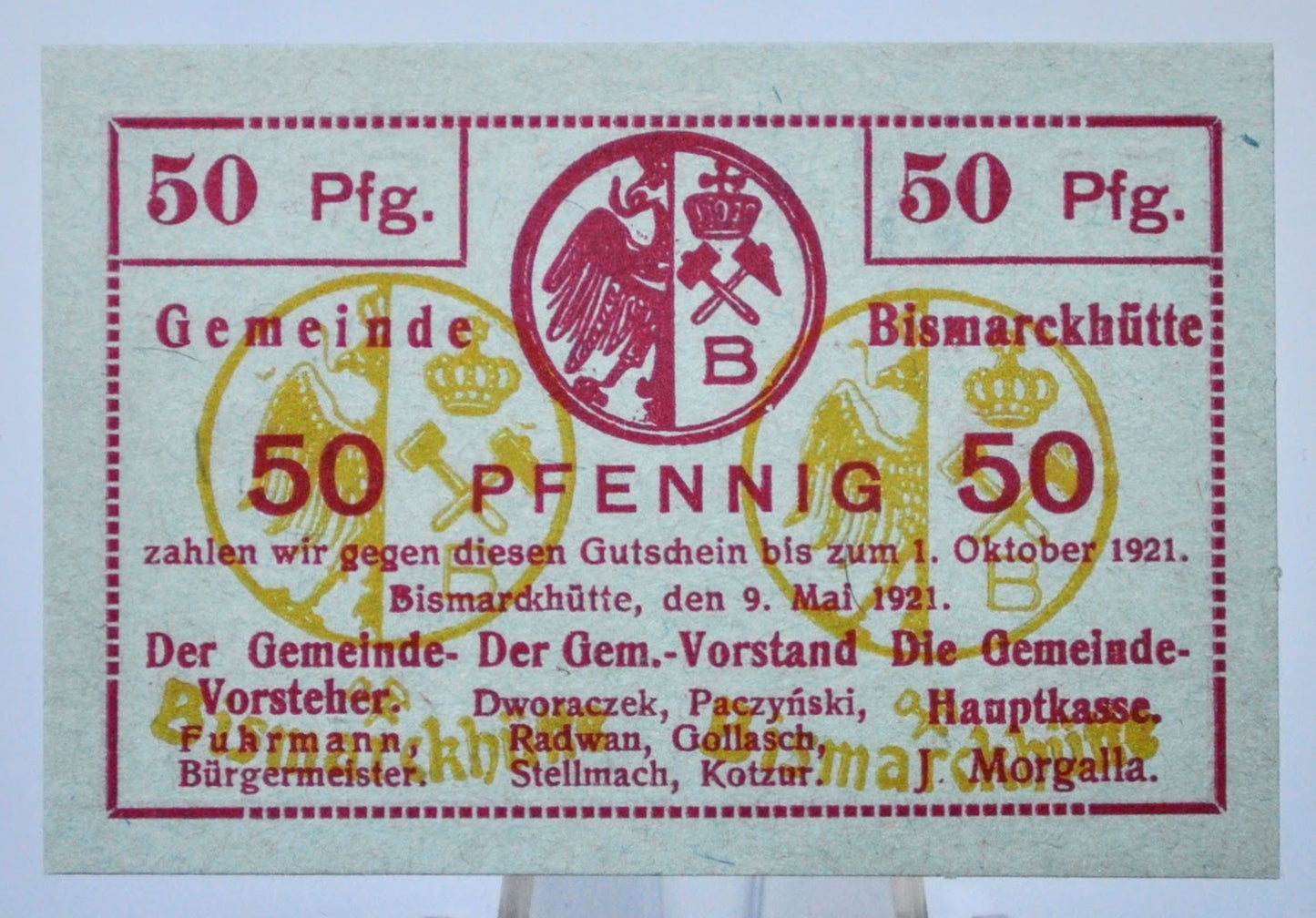 1921 Bismarkhutte Poland 50 Pfennig Notgeld - German-Occupied Poland - Bilingual Note - 1921 Fifty Pfennig German Polish Emergency Note