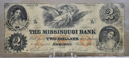 1862 Missisquoi Bank 2 Dollar Obsolete Note - Vermont Obsolete Currency - Sheldon, VT - 1862 Vermont Two Dollar Obsolete Banknote