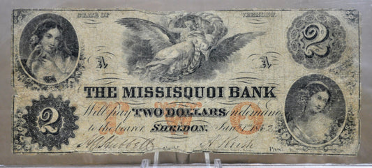 1862 Missisquoi Bank 2 Dollar Obsolete Note - Vermont Obsolete Currency - Sheldon, VT - 1862 Vermont Two Dollar Obsolete Banknote