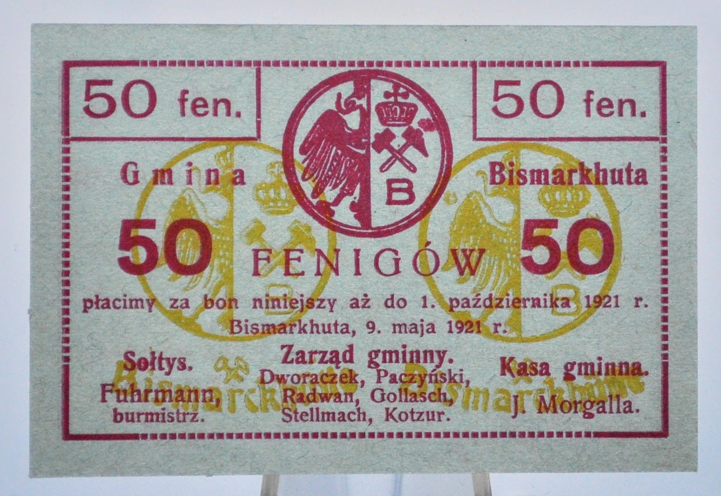 1921 Bismarkhutte Poland 50 Pfennig Notgeld - German-Occupied Poland - Bilingual Note - 1921 Fifty Pfennig German Polish Emergency Note