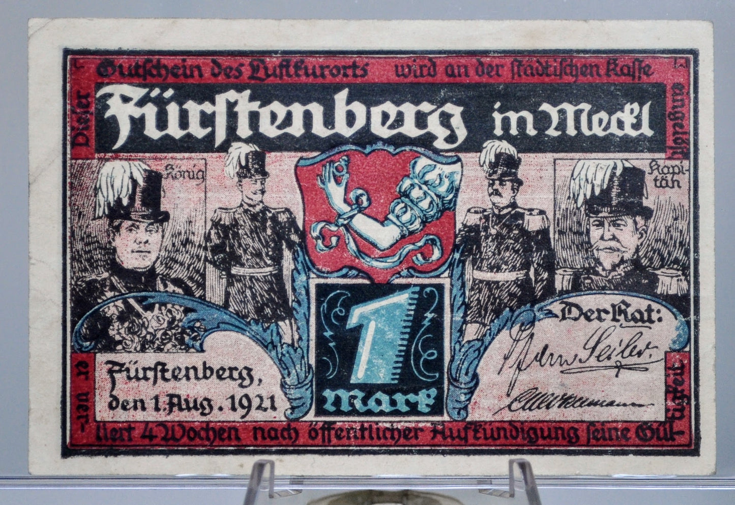 1921 Furstenberg Germany 1 Mark Notgeld - Red Border Type - German Emergency Currency - 1921 German Municipality One Mark Emergency Note