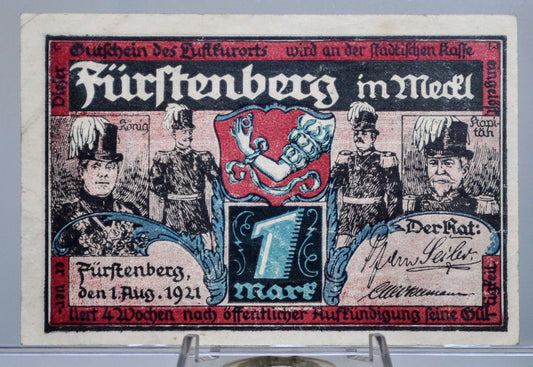 1921 Furstenberg Germany 1 Mark Notgeld - Red Border Type - German Emergency Currency - 1921 German Municipality One Mark Emergency Note