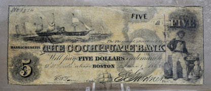 1850 Cochituate Bank 5 Dollar Banknote - Fine (F) Grade - Massachusetts Obsolete Currency - 1850 Boston MA Five Dollars Obsolete Note