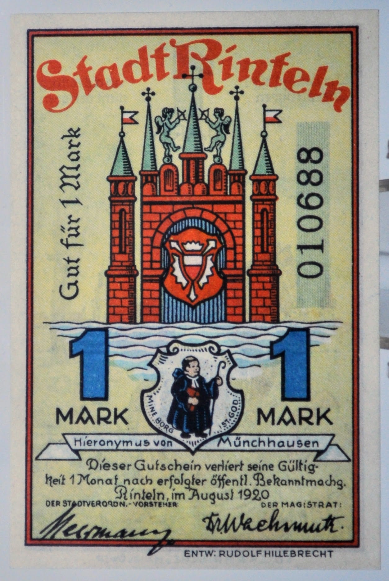 1920 Rinteln Germany 1 Mark Notgeld - High Denomination Notgeld - German Emergency Currency - 1921 German Stadt One Mark Emergency Note