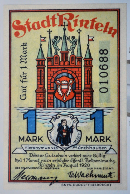 1920 Rinteln Germany 1 Mark Notgeld - High Denomination Notgeld - German Emergency Currency - 1921 German Stadt One Mark Emergency Note