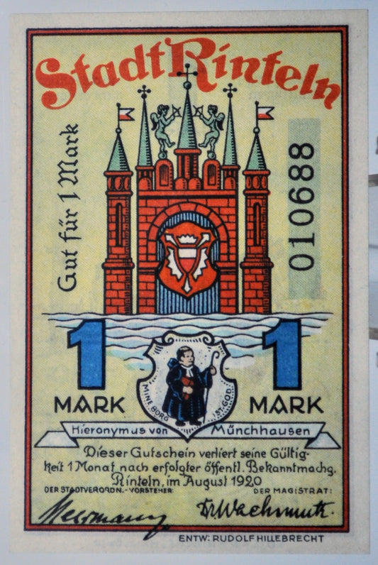 1920 Rinteln Germany 1 Mark Notgeld - High Denomination Notgeld - German Emergency Currency - 1921 German Stadt One Mark Emergency Note