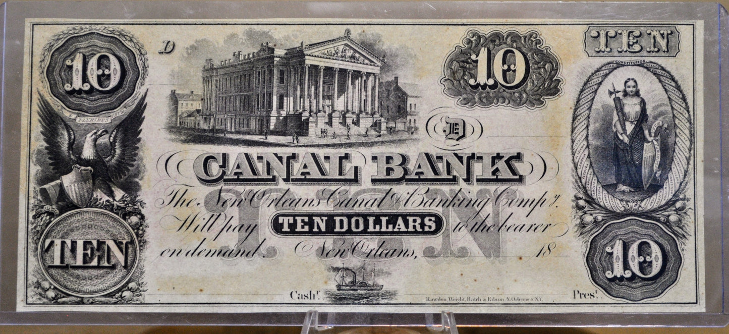 1800s N.D. New Orleans Canal Bank 10 Dollar Banknote - Louisiana Obsolete Currency - 1800s Unsigned Ten Dollar New Orleans Banknote