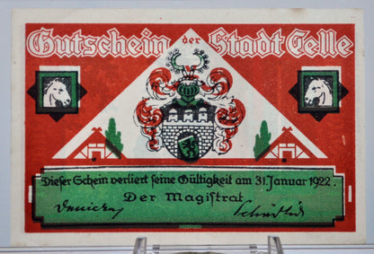 1922 Celle Germany 50 Pfennig Notgeld - Rarer Red Background Type - German Emergency Currency - 1922 German Stadt Fifty Pfennig Note