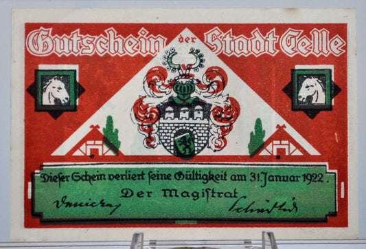 1922 Celle Germany 50 Pfennig Notgeld - Rarer Red Background Type - German Emergency Currency - 1922 German Stadt Fifty Pfennig Note