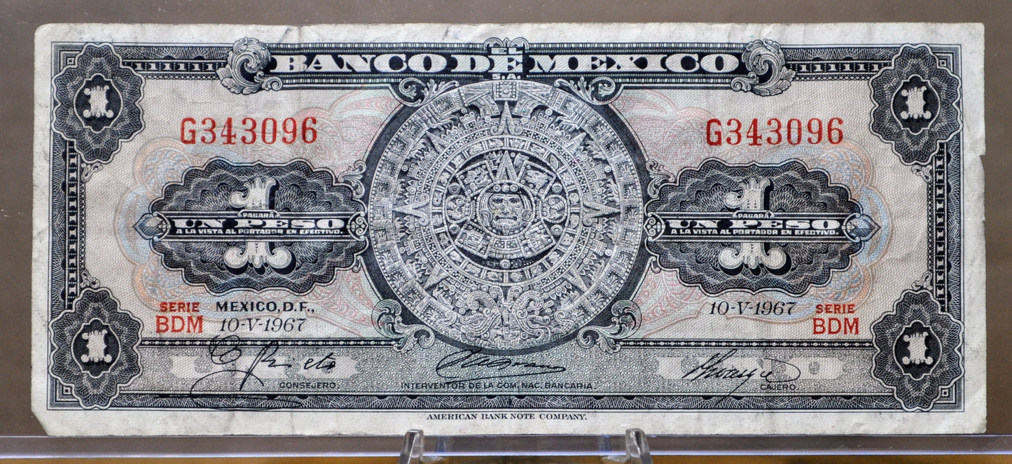Bank of Mexico 1 Peso Bank Note - Aztec Calendar Design - Choose by Year - Banco de Mexico One Peso Aztec Calander Note - 1948-1965