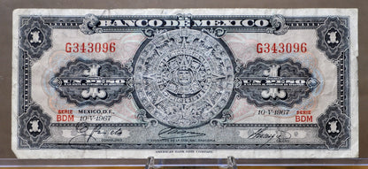 Bank of Mexico 1 Peso Bank Note - Aztec Calendar Design - Choose by Year - Banco de Mexico One Peso Aztec Calander Note - 1948-1965