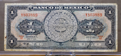 Bank of Mexico 1 Peso Bank Note - Aztec Calendar Design - Choose by Year - Banco de Mexico One Peso Aztec Calander Note - 1948-1965