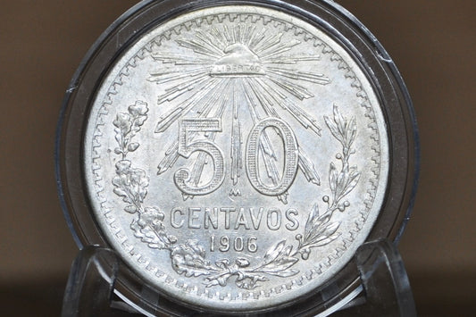 1906 Silver 50 Centavos Mexico - AU Grade - Mexican Fifty Centavos Silver Mexican Coin 1906