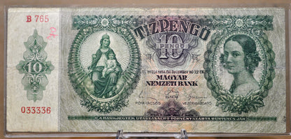 1936 Hungary Territories 10 Pengo Banknote - Magyar Nemzeti Bank - World War 2 Hungary Banknote - 1936 Hungarian Ten Pengo Note - P#113