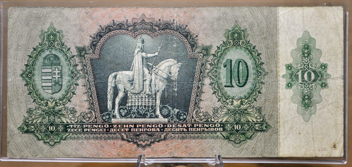 1936 Hungary Territories 10 Pengo Banknote - Magyar Nemzeti Bank - World War 2 Hungary Banknote - 1936 Hungarian Ten Pengo Note - P#113