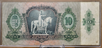 1936 Hungary Territories 10 Pengo Banknote - Magyar Nemzeti Bank - World War 2 Hungary Banknote - 1936 Hungarian Ten Pengo Note - P#113