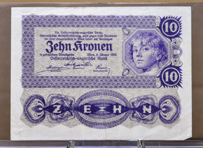 1922 Austria-Hungary Bank 10 Kronen Note - Small Size Note - Choice of Grade - 1922 Austrian Ten Krone Banknote - P#75