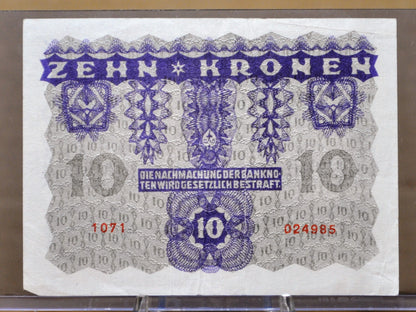 1922 Austria-Hungary Bank 10 Kronen Note - Small Size Note - Choice of Grade - 1922 Austrian Ten Krone Banknote - P#75