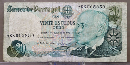 1978 Bank of Portugal 20 Escudos Note - 9th Printing Issue - Coutinho Type - 1978 Portuguese Twenty (Vinte) Escudos Banknote - P#176b