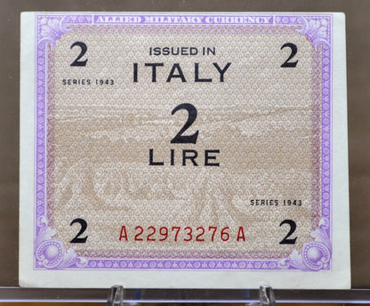1943 2 Lire Allied Military Italy Note - Uneven Cut Error - UNC - 1943 Italy Military Two Lire Banknote - Allied Military WWII - P#M11a