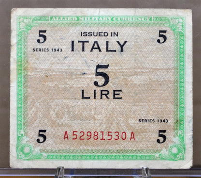 1943 5 Lire Allied Military Italy Note - F to XF Grade - Italy Banknote Five Lire Cinque Lire Banknote 1943 - Allied Military WWII - P#M12a