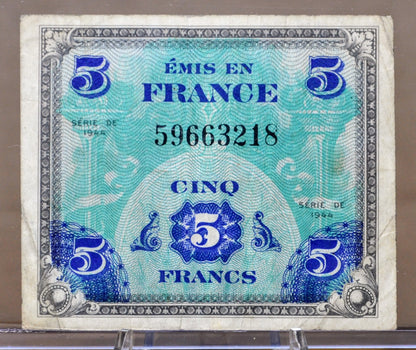 1944 France Allied Military 5 Franc Paper Note - WWII Era France - 1944 French Cinq Five Francs Military Banknote - P#115a