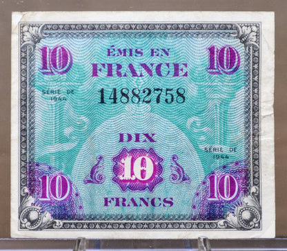 1944 France 10 Franc Paper Note - WWII Era French Bank Note, Beautiful Artwork - French 10 Francs Banknote - P#116a