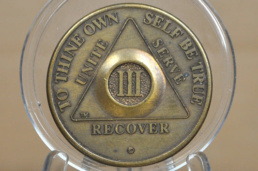 Bronze Alcoholics Anonymous Sobriety Medallion - Three Year Sobriety AA Celebratory Token