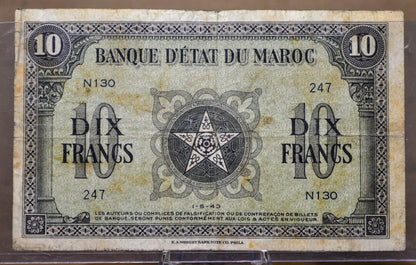 1943 Bank of Morocco 10 Francs Banknote - WWII Era Banknote - 1-5-43 Date - 1943 Banque Detat Du Maroc Dix Ten Franc Note - P#25a