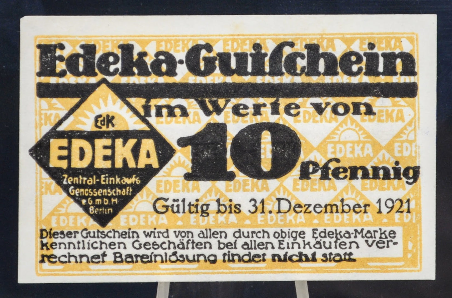 1921 Edeka Market 10 Pfennig Notgeld Coupon - Stamped Sangerhausen Store - German Emergency Currency - 1922 German Store Ten Pfennig Note