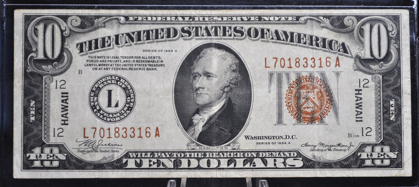 1935 10 Dollar Hawaii Overprint FRN - VF+ Grade / Condition - 1935 Hawaii Series Ten Dollar Brown Seal - 1934 Hawaii Overprint Fr2303