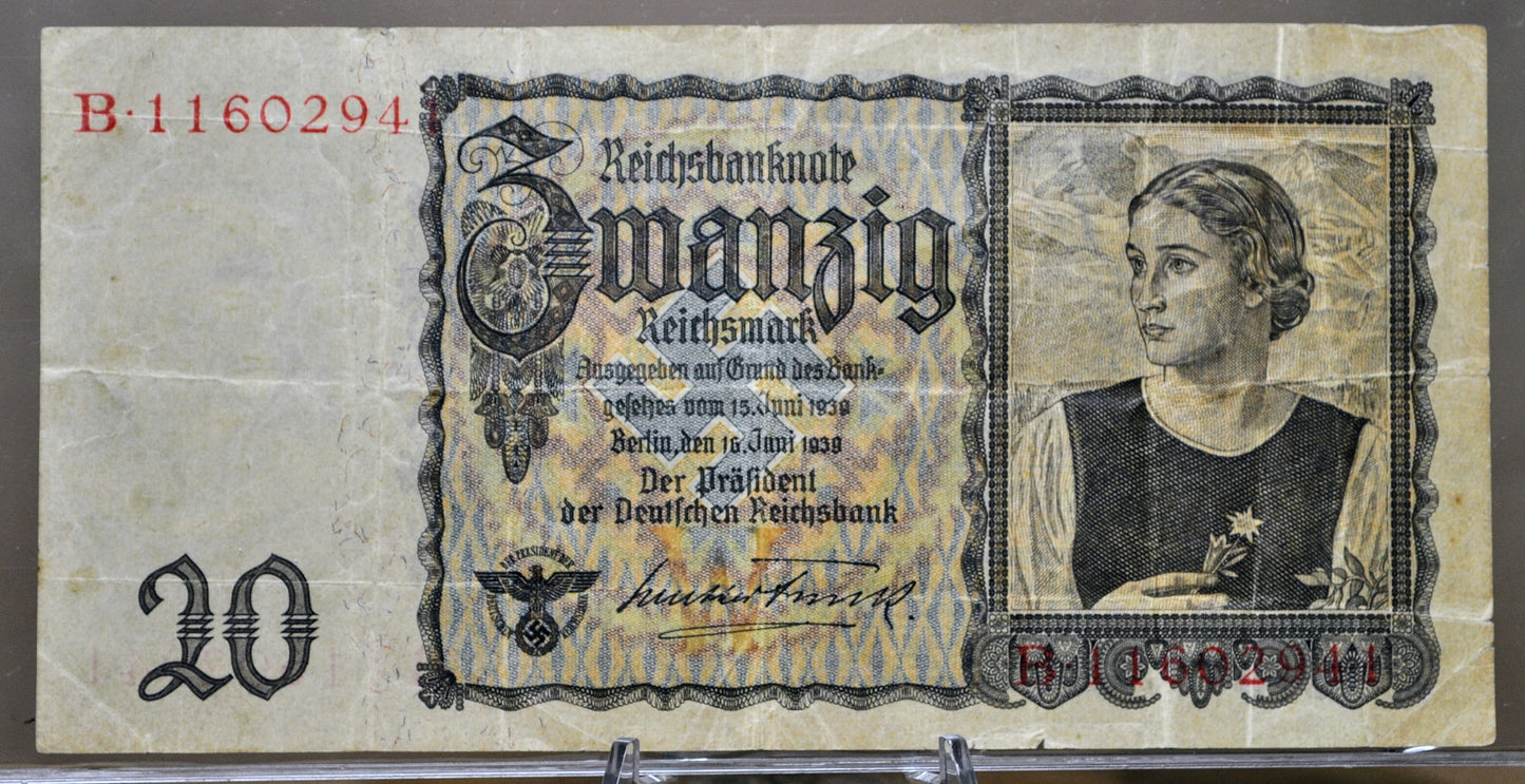 1939 Germany 20 Reichsmark Banknote - WW2 Reichsbanknote Reichsmark Note - Choice of Grade - 1939 German Twenty Reichsmark Note - P#185