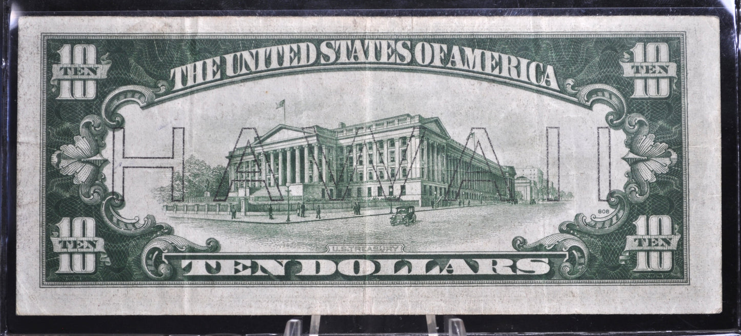 1935 10 Dollar Hawaii Overprint FRN - VF+ Grade / Condition - 1935 Hawaii Series Ten Dollar Brown Seal - 1934 Hawaii Overprint Fr2303