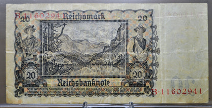 1939 Germany 20 Reichsmark Banknote - WW2 Reichsbanknote Reichsmark Note - Choice of Grade - 1939 German Twenty Reichsmark Note - P#185