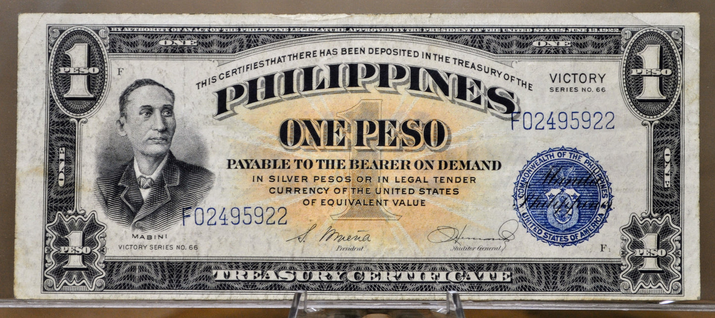 1944 Philippines 1 Peso Victory Note - Choice of Condition - U.S. Occupation - 1944 One Peso Philippines Victory Banknote - P#94a
