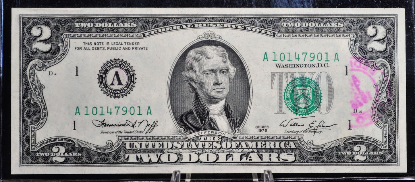 1976 Bicentennial 2 Dollar Spirit of 76 Stamp Note - Set of 4 Stamp Sheet - First Day of Issue Bedford MA - 1976 Two Dollar Stamp Banknote