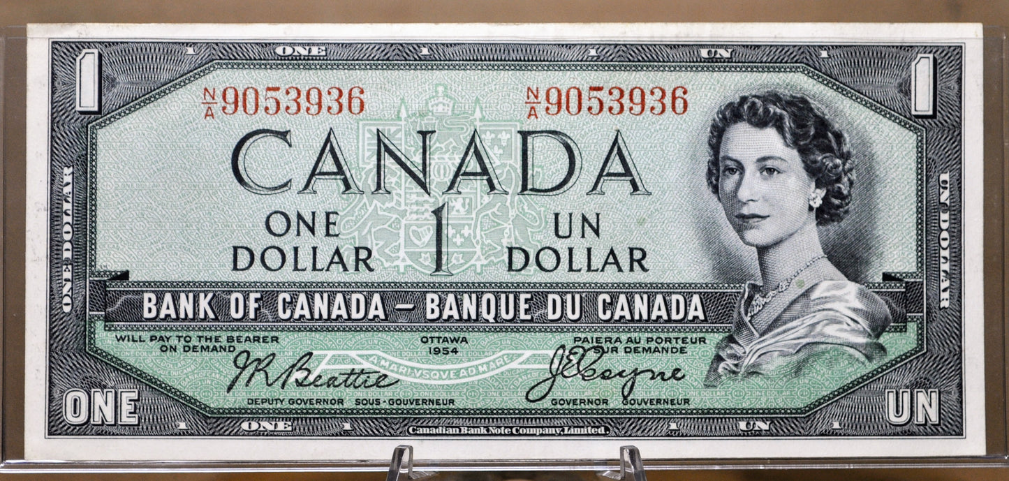 1954 Canadian 1 Dollar Banknote - Devil's Face Hairdo Issue - Beattie/Coyne Signatures - 1954 One Dollar Devil's Hair Canada Note - P#66b