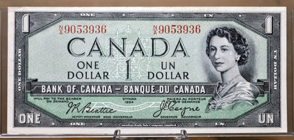 1954 Canadian 1 Dollar Banknote - Devil's Face Hairdo Issue - Beattie/Coyne Signatures - 1954 One Dollar Devil's Hair Canada Note - P#66b