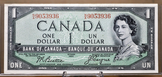 1954 Canadian 1 Dollar Banknote - Devil's Face Hairdo Issue - Beattie/Coyne Signatures - 1954 One Dollar Devil's Hair Canada Note - P#66b