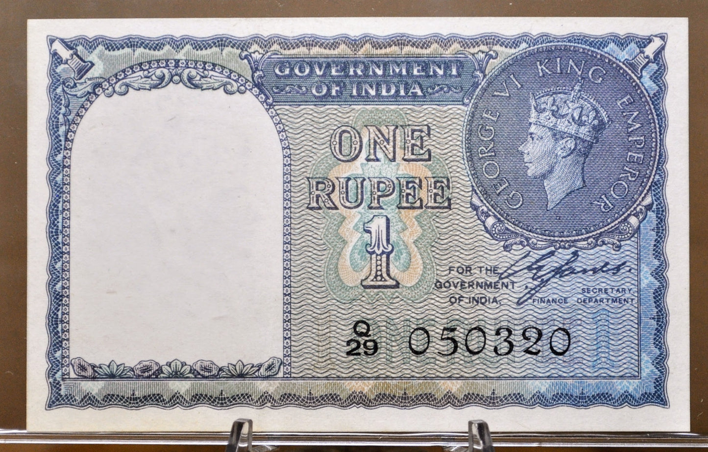 1940 India 1 Rupee Banknote - WWII Era Banknote - Uncirculated (UNC), No Pinholes - King George VI Type - 1940 Indian One Rupee Note - P#25a