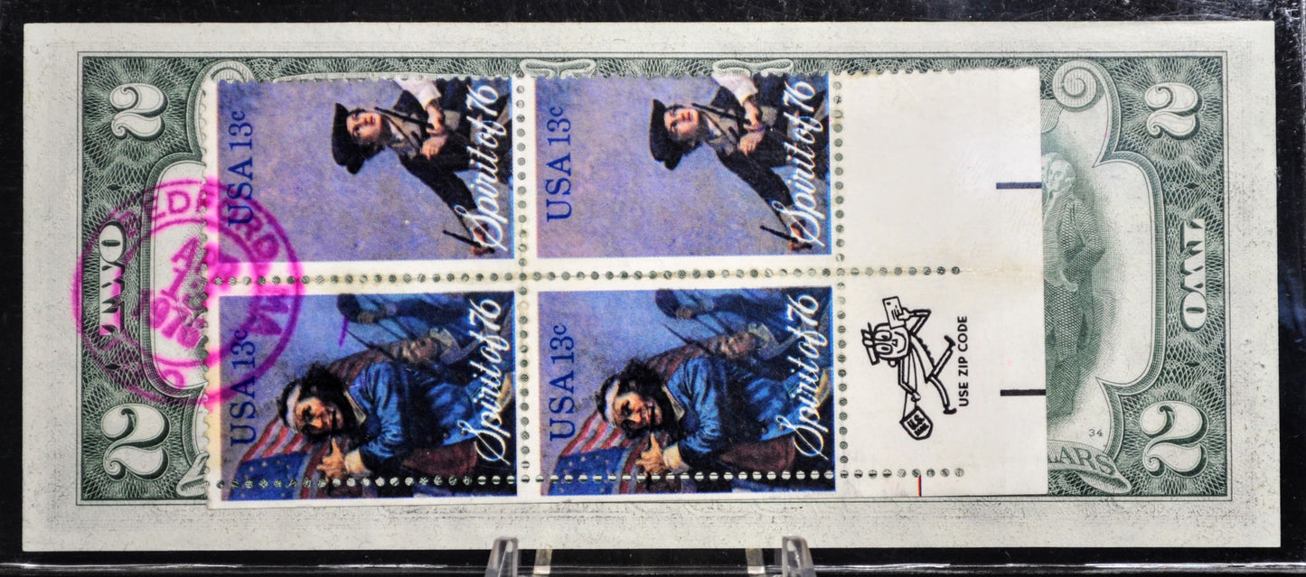1976 Bicentennial 2 Dollar Spirit of 76 Stamp Note - Set of 4 Stamp Sheet - First Day of Issue Bedford MA - 1976 Two Dollar Stamp Banknote