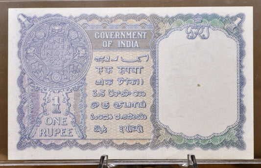 1940 India 1 Rupee Banknote - WWII Era Banknote - Uncirculated (UNC), No Pinholes - King George VI Type - 1940 Indian One Rupee Note - P#25a
