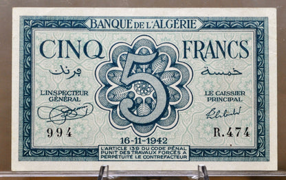 1942 Bank of Algeria 5 Franc Banknote - World War II Issue, Beautiful Design - Five Francs Bank Note 1942, Banque De L'Algerie - P#91