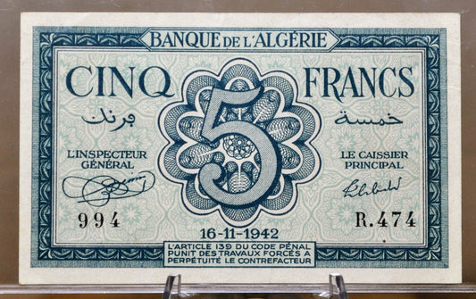 1942 Bank of Algeria 5 Franc Banknote - World War II Issue, Beautiful Design - Five Francs Bank Note 1942, Banque De L'Algerie - P#91