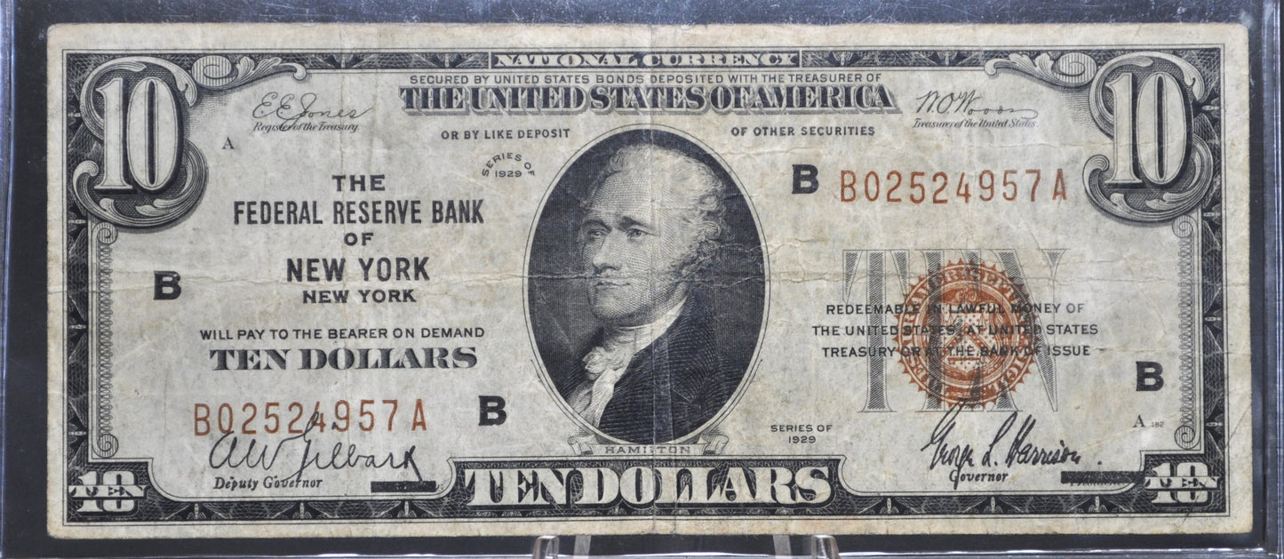 1929 10 Dollar National Currency Note Fr1860-B - VF - NY 1929 Brown Seal Ten Dollar Federal Reserve Banknote Fr1860B - Rarer Note