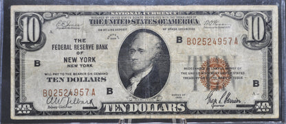 1929 10 Dollar National Currency Note Fr1860-B - VF - NY 1929 Brown Seal Ten Dollar Federal Reserve Banknote Fr1860B - Rarer Note