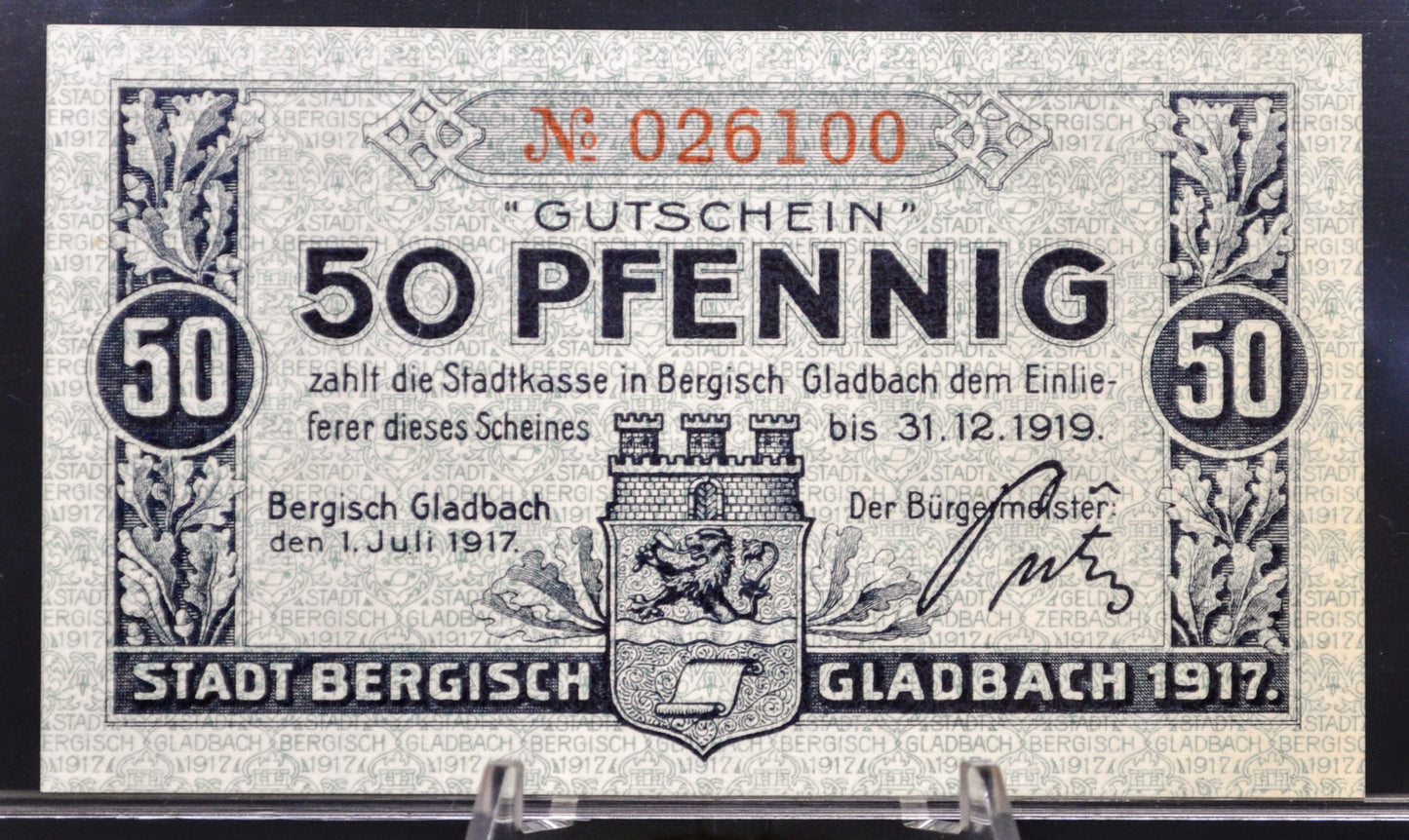 1917 Bergisch Gladbach Germany 50 Pfennig Notgeld - Rarer Early Date - WWI German Emergency Currency - 1917 German Fifty Pfennig Note