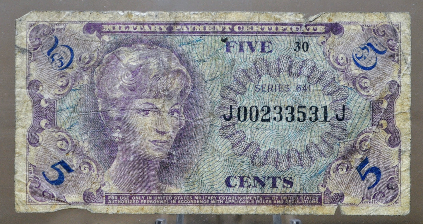 1965 U.S. Military 5 Cent Payment Certificate - Series 641 - 1965 United States Military Five Cents Vietnam War Payment Certificate - P#M57a