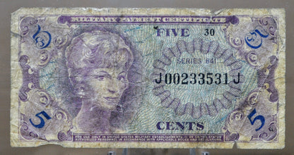 1965 U.S. Military 5 Cent Payment Certificate - Series 641 - 1965 United States Military Five Cents Vietnam War Payment Certificate - P#M57a