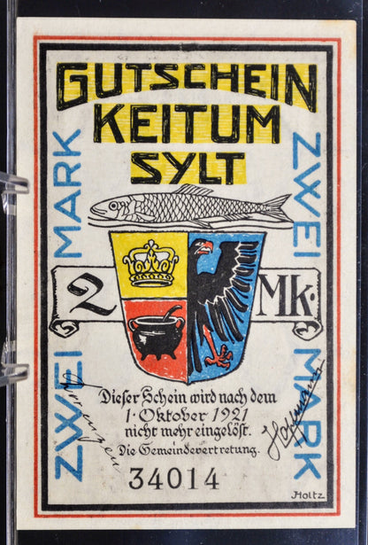 1921 Keitum Sylt Germany 2 Marks Notgeld - Rarer High Denomination - German Emergency Currency - 1921 German Municipality Two Mark Note